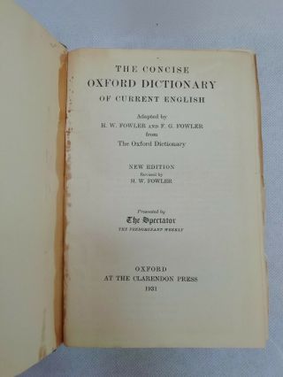 Rare Vintage " The Concise Oxford Dictionary " Year 1931 Covers & Signed