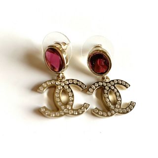 Authentic Chanel Earrings Cc Logo Rare Large Dangle Red Crystal Earrings