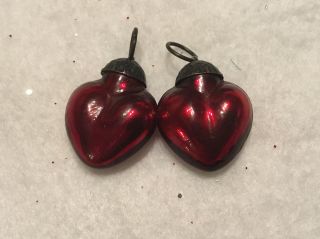 2 Antique Red Mercury Glass Kugel Heart Christmas Ornaments