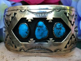 Rare Native American Navajo Morenci Turquoise Sterling Shadowbox Cuff Bracelet