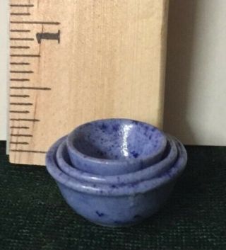 Vintage Set Of 3 Dollhouse Miniature Artisan Art Pottery Nesting Bowls Blue