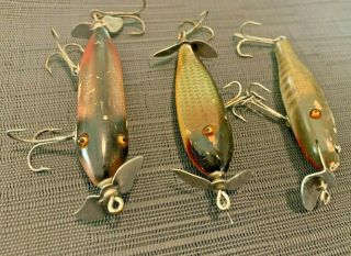 3 Old Wood Fishing Lures Glass Eyes Vintage Antique Lures