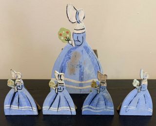 Set Art Deco Crinoline Lady Blue Painted Wooden Menu,  Napkin,  Serviette Holders