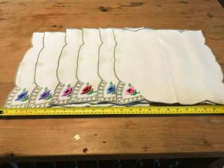 6 Linen Serviettes - Hand Embroidered With Floral Decoration
