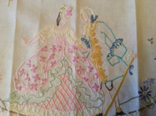 Hand Embroidered Crinoline Lady & Gentleman Vintage Linen Tray Cloth (e2)