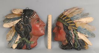 Rare Antique Western Native American Indian Heads Chalkware Wall Hangings