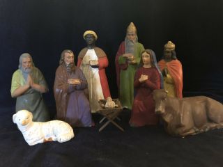 Early 10 Piece German Paper Mache 6 - 8” Creche Nativity Set,  Rare Artistry