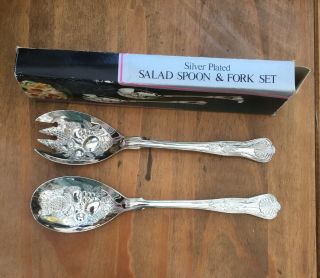 Vintage 1970s Silver Plated Salad Spoon & Fork Set.  Box.  Sheffield