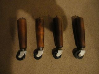 Set Of Four Vintage Solid Wooden Furniture Legs And Castor Wheel Feet 21 Cms L