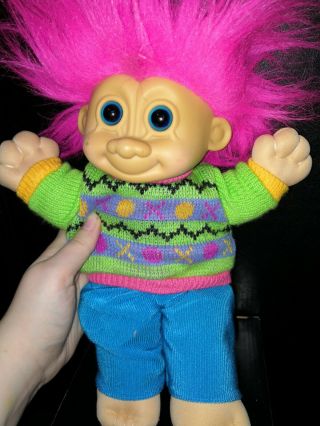 Vintage Russ Troll Kidz Plush Doll green sweater fuschia hair blue eye 3