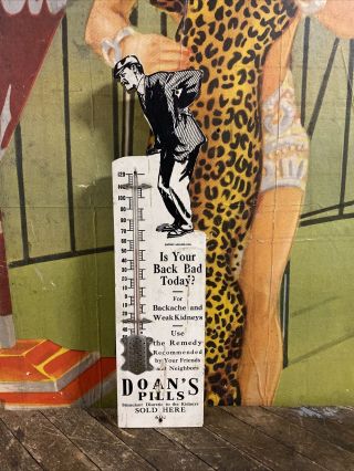Vintage Doans Pills Wooden Thermometer Sign General Store Pharmacy Doctor Rare