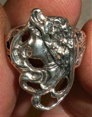 Antique C.  1920 Art Nouveau Woman Head Sterling Silver Ring Vafo