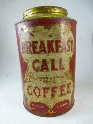 Antique Advertising Tin Can Canister Breakfast Call Coffee Popcorn Denver Co Vtg