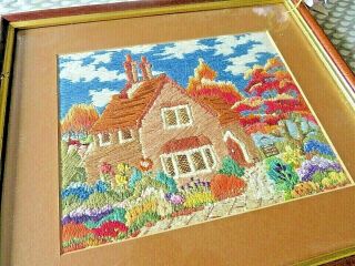 Vintage Hand Embroidered Picture / Thatched Cottage And Country Gardens