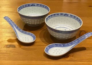 Chinese Blue White Rice Grain Porcelain Rice Soup Bowls Spoons Floral -
