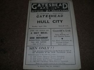 Rare Vintage Gateshead V Hull City 3rd Division North 18th April 1949