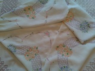 Vintage Linen Table Cover With Flowers In Pink Purple Blue.