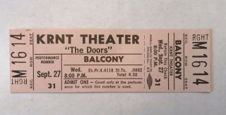 Rare The Doors 1967 Full Ticket Krnt Theater (9/27/67 Des Moines,  Iowa)