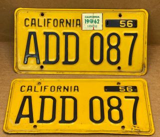 Rare Pair 1956 Dmv Clear Add 087 (california) Car License Plate - Vintage