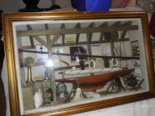 Vintage Antique Large Diorama 3 - D Shadow Box Of A Nautical Scene.  Very Detailed