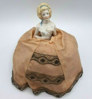 Antique Porcelain Half Doll Pincushion With Dress Blonde Hair Germany 6 "