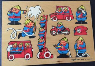 Rare Vintage Simplex Firemen Wooden Peg Puzzle With Tray Made In Holland
