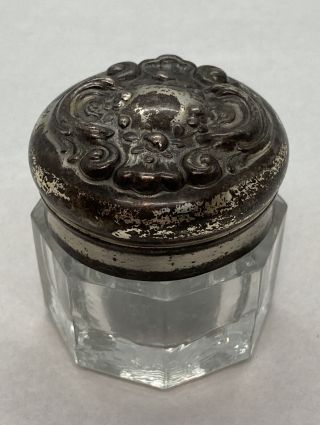 Antique Art Nouveau Silver Plated Top Miniature Glass Vanity Jar / Opium Jar