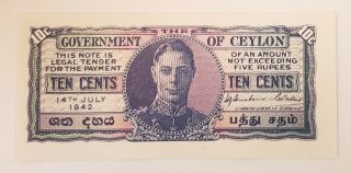 Ceylon 10 Cents 1942 Banknote Gem Unc Rare Grade