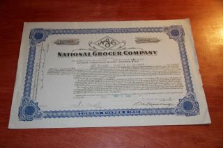 National Grocer Company Stock Certificate Blue 1929 Rare