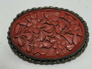 Antique Cinnabar & Sterling Silver Pin - Brooch - Carved Flowers - 1.  75in