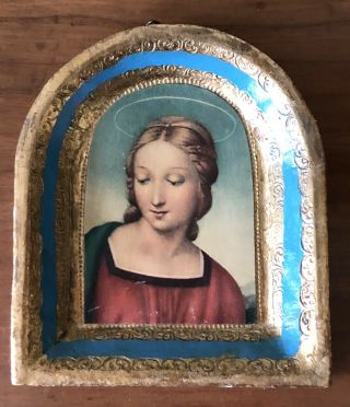 Vintage Italy Italian Gold Gilt Florentine Tole Heavenly Holy Virgin Mary Print