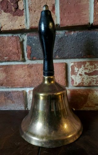 Vintage Solid Brass Hand Held Old School Bell Black Wood Handle Loud Antique