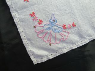 Vintage Linen Tray Cloth With Hand Embroidered Crinoline Ladies 18 " X 13 1/4 "