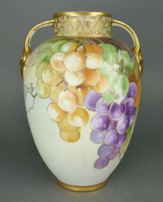 Fine Antique Japanese Nippon Porcelain Gold Gilt Handled Grape Cluster Vase