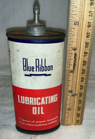 Antique Blue Ribbon Lubricating Oil Tin Litho Handy Oiler Can Lead Indianapolis