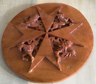 Hand Carved Wooden Wall Plaque Of 2 Rampant Lions,  2 Unicorns In A Maltese Cross 2