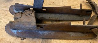 Antique Ice Skates Wood And Leather Straps - Screw On Marked H.  H & S