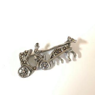 Antique Art Deco Sterling Silver Horse And Carriage Marcasite Brooch 84