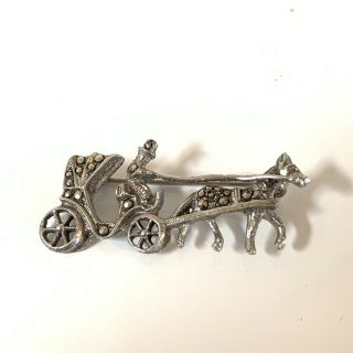 Antique Art Deco Sterling Silver Horse and Carriage Marcasite Brooch 84 3