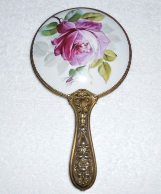 Antique Hand Held Mirror Porcelain Back Vintage Nouveau Victorian Rose Roses
