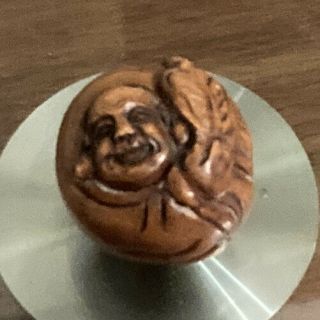 Hand Carved Wooden Netsuke Buddha Head Round With Holes