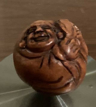 Hand Carved Wooden Netsuke Buddha Head Round With Holes 2