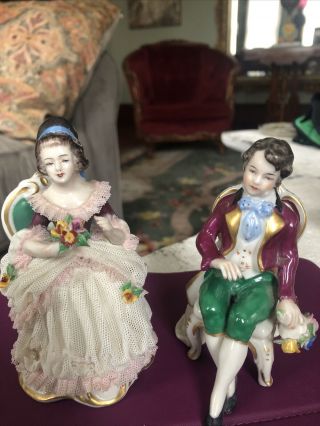 Antique Dresden Porcelain Lace Figurine Woman Man Couple In Chairs Germany