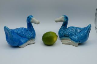Pair Vintage Turquoise Chinese Porcelain Peking Recumbent Ducks Export Figurines 2