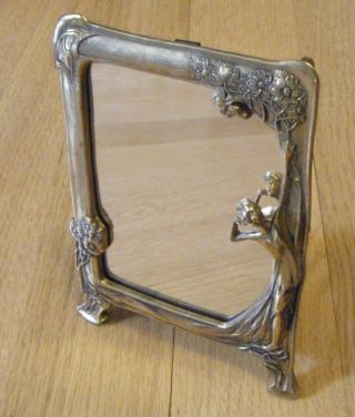Vintage Art Nouveau Figural Solid Brass Framed Vanity Mirror