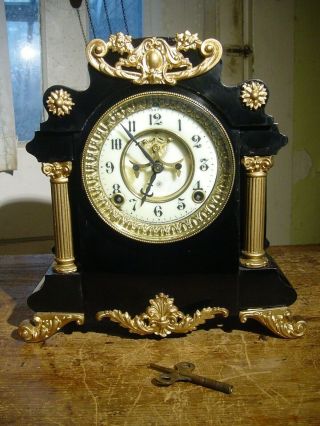 Antique Rare Ansonia 1904 " Munich " Ornate Visible Escape Cast Iron Shelf Clock