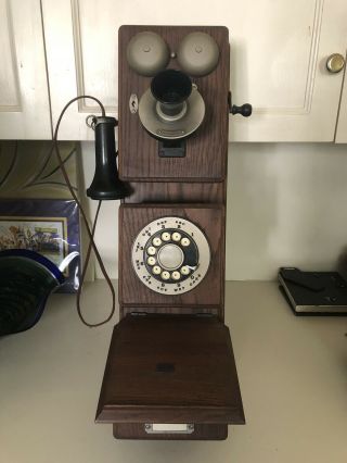Rare Antique Wall Phone Western Electric Oak Wood Hand Crank