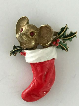 Rare Designer Signed Vintage Jj Jonette Enamel Santa Mouse Figural Christmas Pin