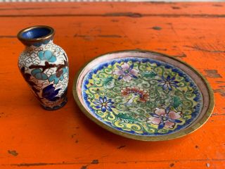 Vintage Small Chinese Cloisonne Vase & Hand Painted Painted Enamel Plate