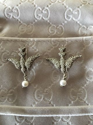 Auth Gucci 925 St Silver Steel Cut Bird Pearl Earrings W/pouch Rare - Italy